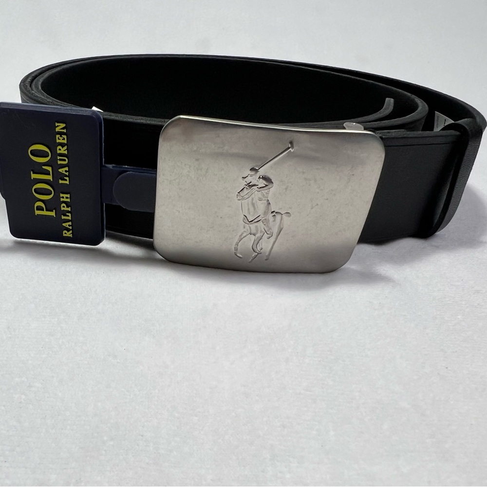 Polo Ralph Lauren Big Pony Logo Plaque Leather Belt BLACK Men's Sz 40